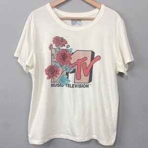 MTV‎ Music Television Floral Graphic T-Shirt Top Size L Ivory Knit Boho Grunge